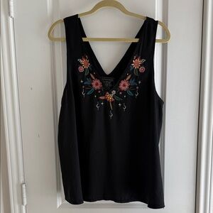 Johnny Was Black Tank with Vibrant Floral Embroidery